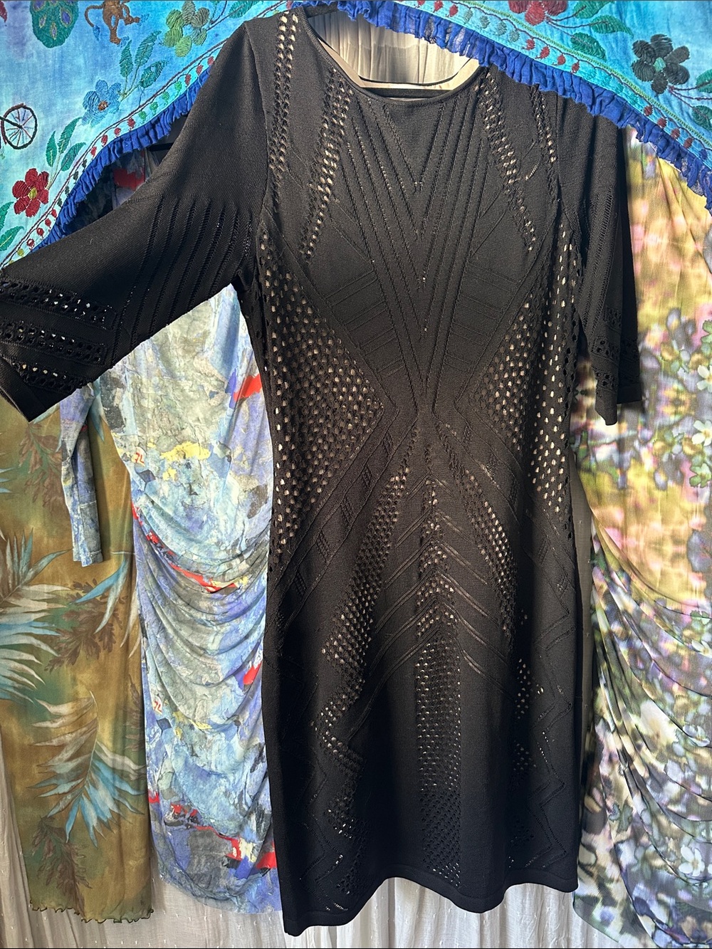 Black Thick Lined Knit Cutout Body-con Dress - Elegant Flattering Stretchy